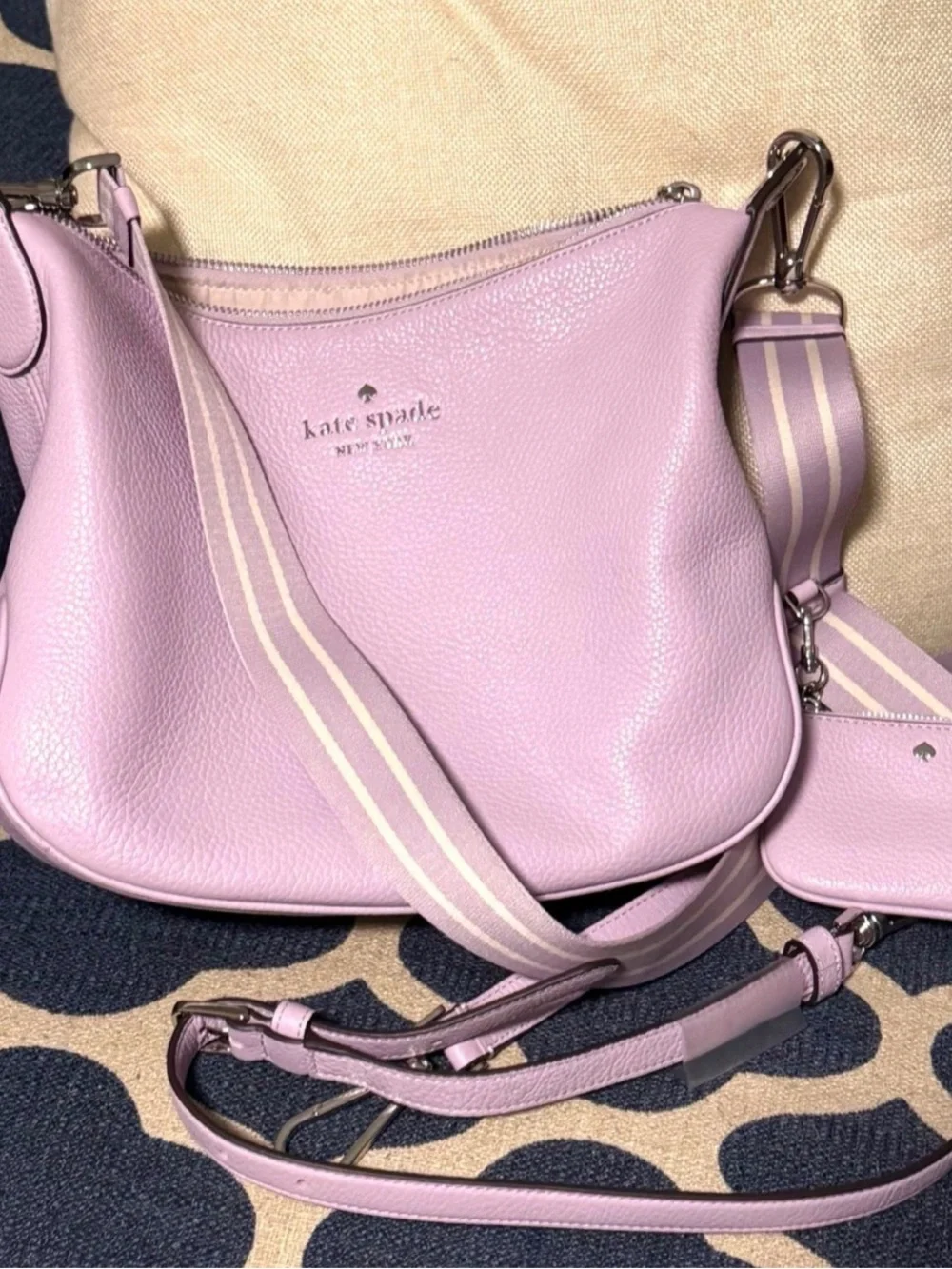 kate spade Lilac Pebbled Leather Shoulder Bag with Striped Strap